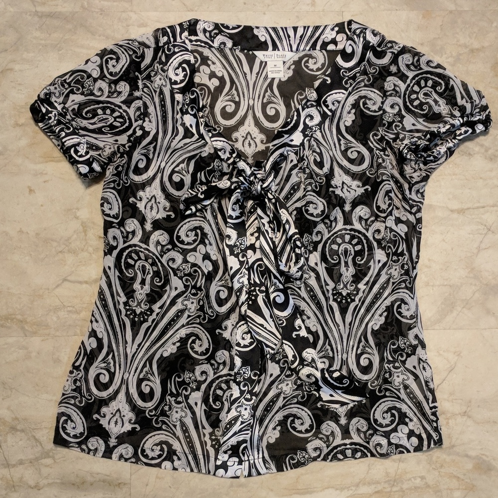 WHBM Black/White Paisley Sheer Silk Blouse M